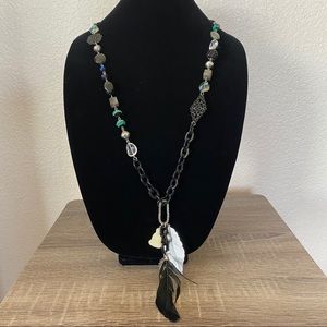 NWOT Feather Charm Beaded Rock Long Necklace